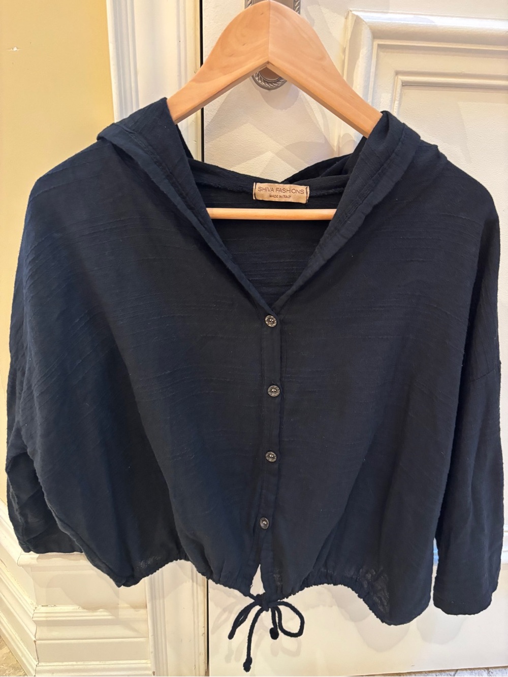 Black Hooded Button-Front Tunic Top